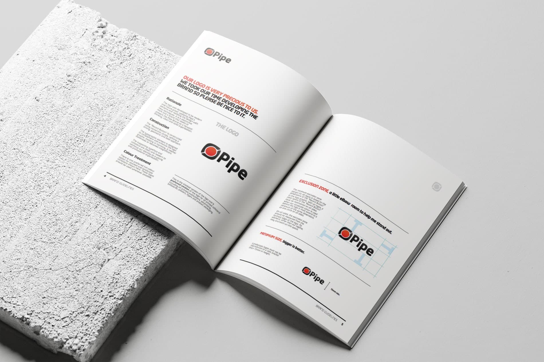 Open Pipe brand guidelines with logo construction and usage rules