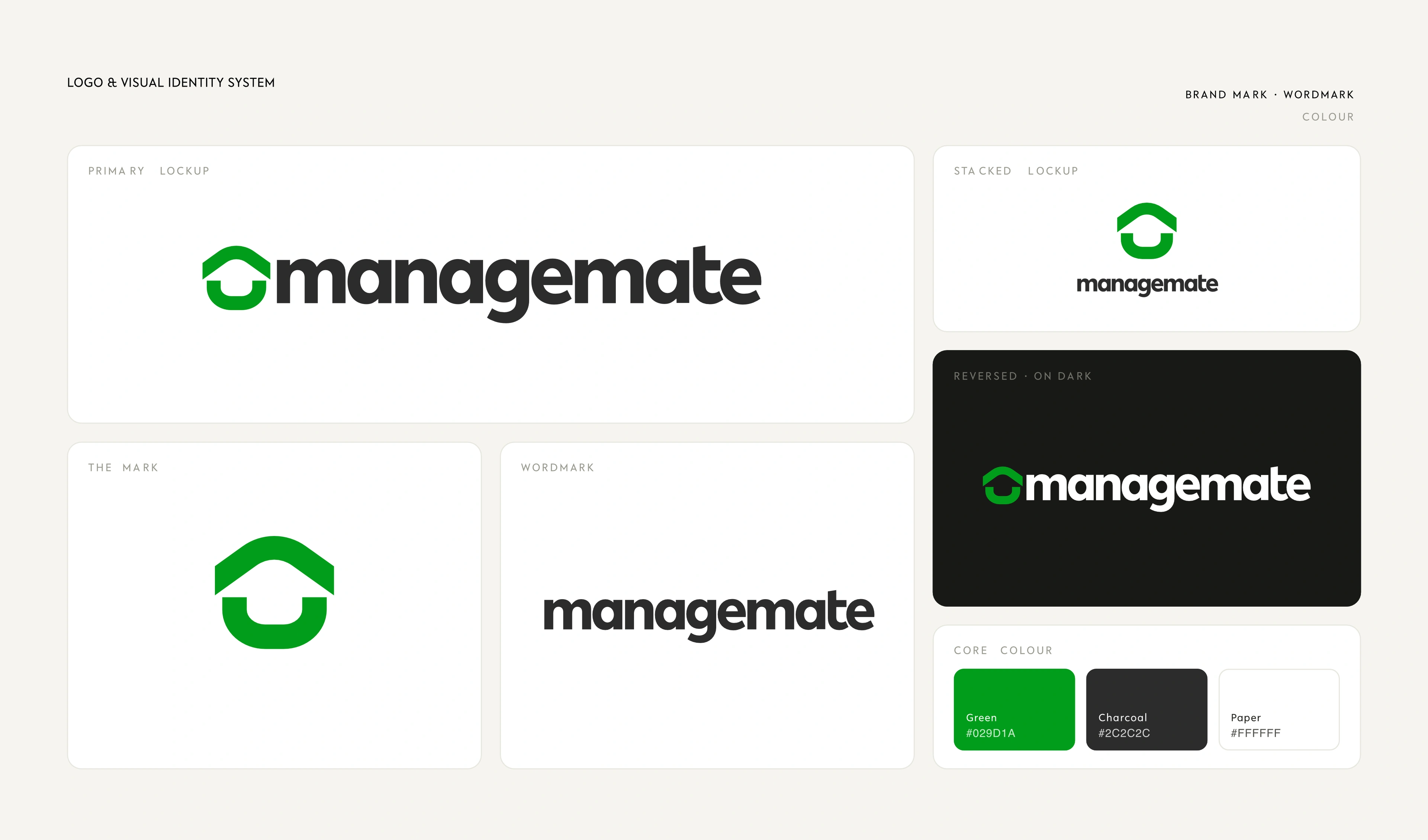 Managemate logo presentation with mark and wordmark variations