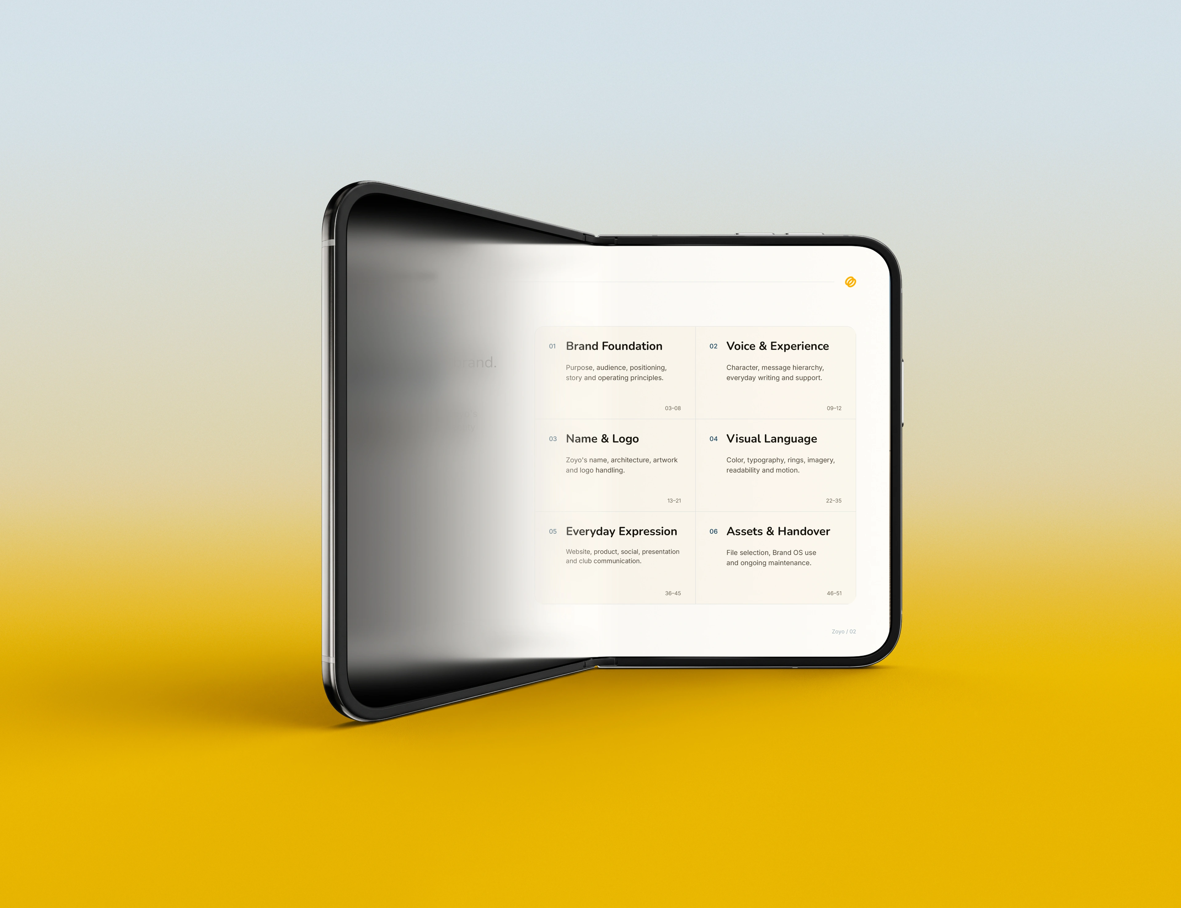 Zoyo brand guidelines displayed on a foldable screen